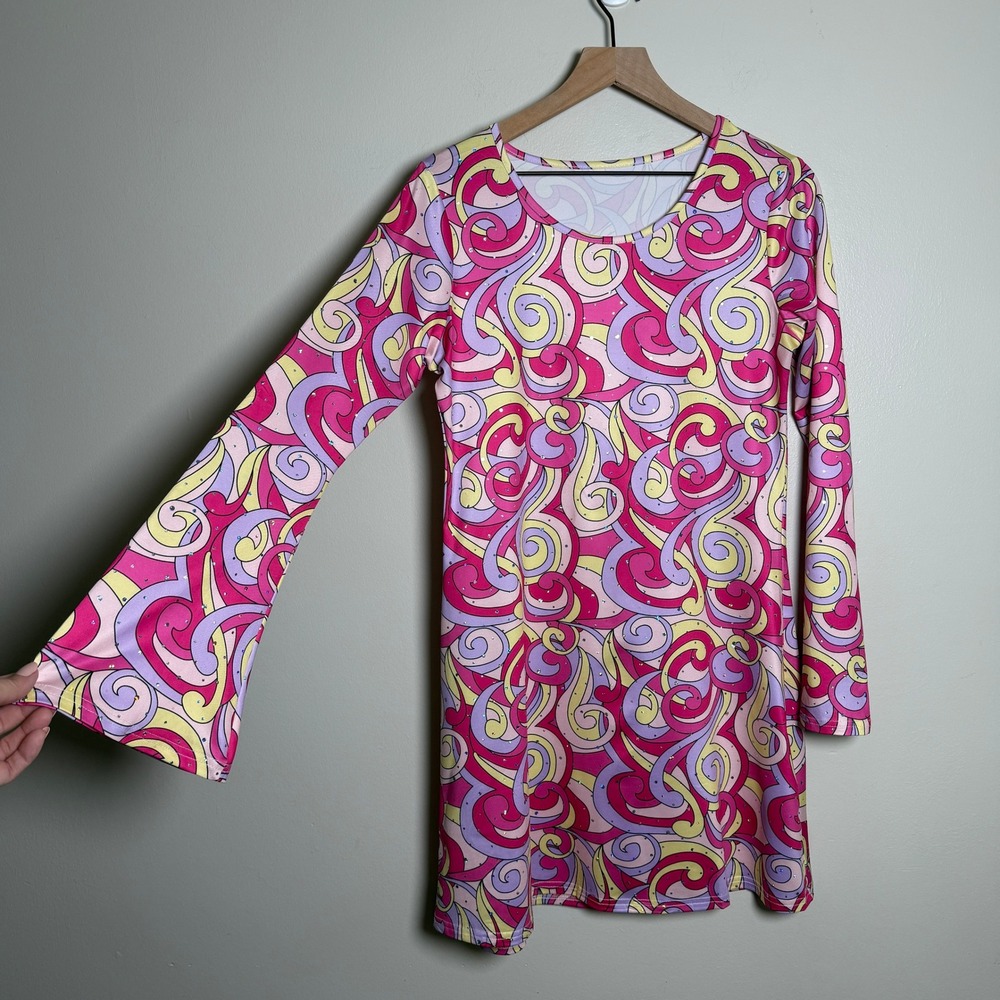 Retro Psychedelic Swirl Mini Dress Pink Purple Bell Sleeve Glitter M Costume 70s